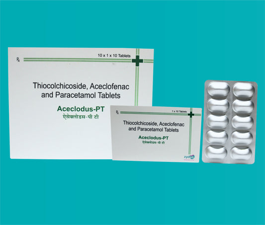 Aceclodus-PT Tabs
(Alu- Alu Pack)  (10x1x10)Aceclofenac 100 Mg + Paracetamol 325 Mg + Thiocolchicoside 4 Mg by Zydus