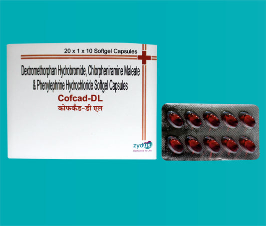 Cofcad-DL Soft
 Gel Capsule (20x1x10)Chlorpheniramine 2 Mg + Dextromethorphan 10 Mg + Phenylephrine 5 Mg by Zydus