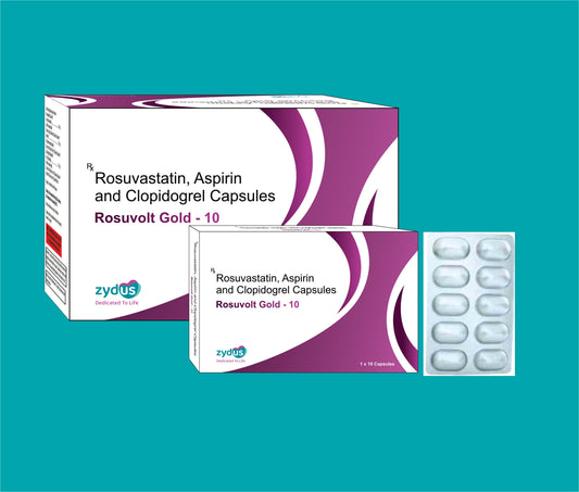 Rosuvolt Gold -10 Capsule (10x10)Rosuvastatin 10 Mg + Aspirin 75 Mg + Clopidogrel 75 Mg by Zydus