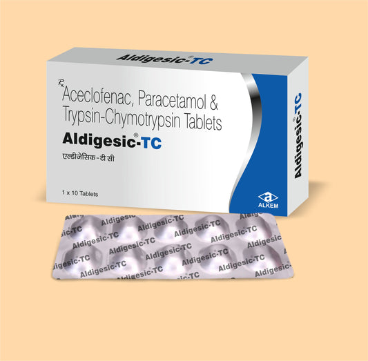 Aldigesic Tc Tablets (10'S) ( Aceclofenac 100Mg + Paracetamol 325Mg+ Trypsin
Chymotrypsin 50,000 Armour Units ) By Alkem