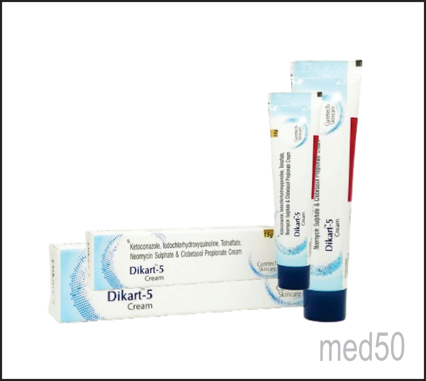 Dikart 5 Cream (Ketoconazole 2.0% w/w + Iodochlorhydroxyquinoline 1.0% w/w + Tolnaftate 1.0% w/w + Gentamicin 0.10% w/w + Clobetasole Propionate 0.05% w/w)