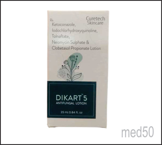 Dikart 5 Lotion(Ketoconazole 2.0% w/v + Iodochlorhydroxyquinoline 1.0% w/v + Neomycin 0.10% w/v + Tolnaftate 1.0% w/v + Clobetasole Propionate 0.05% w/v)