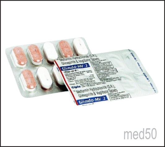 Glimda Mv 2mg Tablet (Voglibose 0.2 Mg +Glimepiride 2.0 Mg+Metformin Hydrochloride 500.0 Mg)