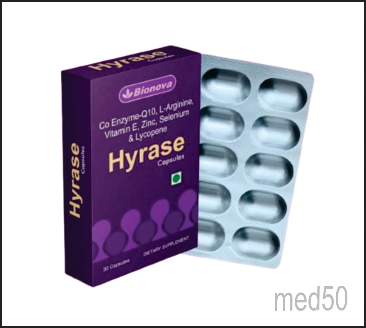 HYRASE CAPS (Co Q10-100mg, L-Arginine-200mg, Zinc- 10mg, Selenium-100mcg, Lycopene-5mg, Vitamin E-25mg)