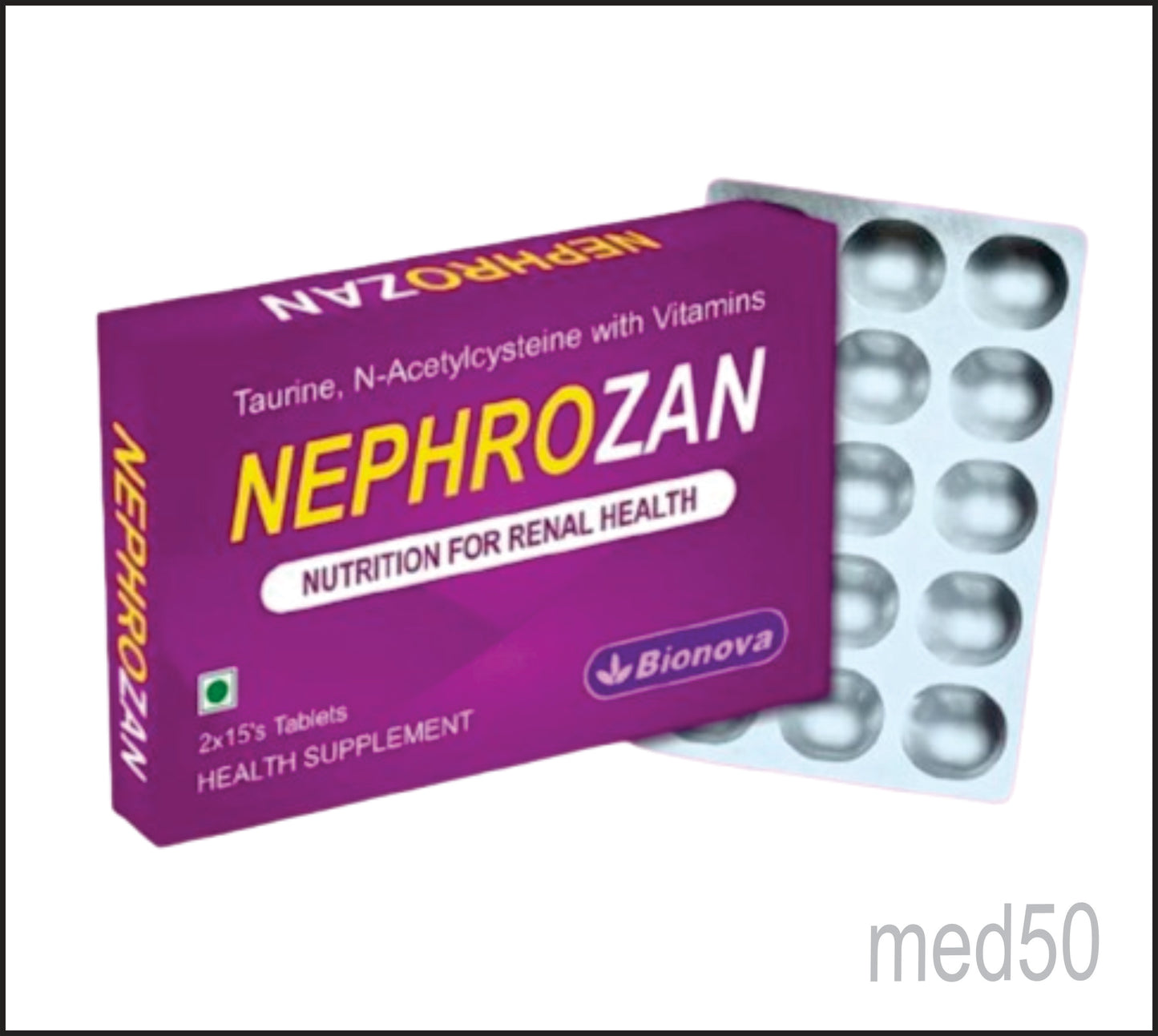NEPHROZAN TABS (Taurine-500mg, N-Acetyl Cysteine 150mg, Niacinamide - 14mg, Pyridoxine hl - 1.9mg, Riboflavin - 2mg, Folic acid - 220mcg, Cynocobalamine 2.5 mcg)