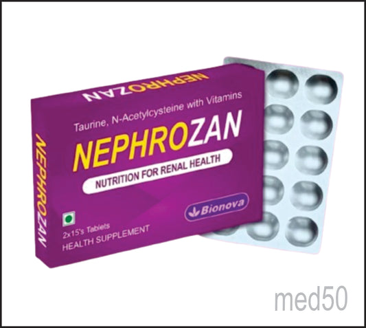 NEPHROZAN TABS (Taurine-500mg, N-Acetyl Cysteine 150mg, Niacinamide - 14mg, Pyridoxine hl - 1.9mg, Riboflavin - 2mg, Folic acid - 220mcg, Cynocobalamine 2.5 mcg)