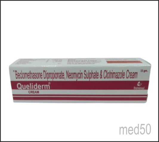 Queliderm Cream (Beclometasone 0.025% + Neomycin 0.5%+ Clotrimazole 1%)