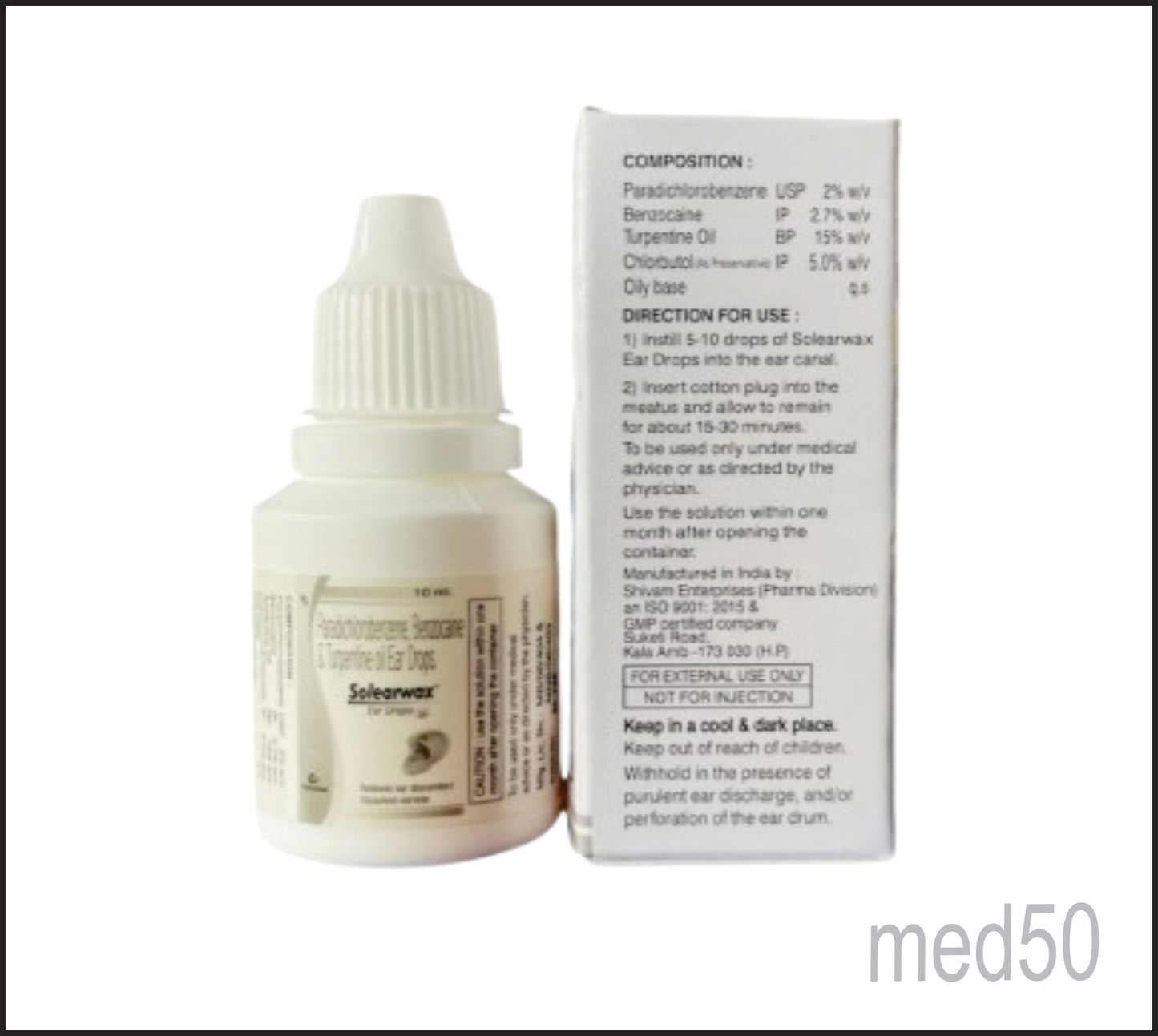 Solearwax Ear Drop (Benzocaine(2.7 %W/V)+Chlorbutol(5.0 %W/V)+Paradichlorobenzene(2.0 %W/V)+Turpentine Oil(15.0 %W/V)
